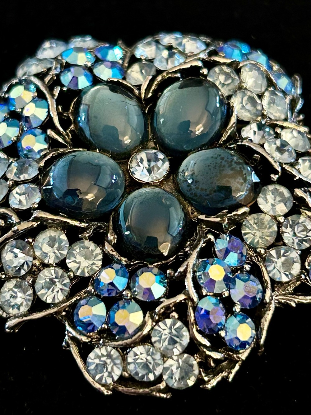 Signed Weiss Blue and Iridescent Crystal Floral Brooch